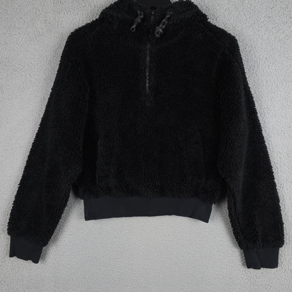 Lululemon Jacket Women 4 Black Textured Fleece 1/2 Zip Hoodie Sherpa Hooded FLAW